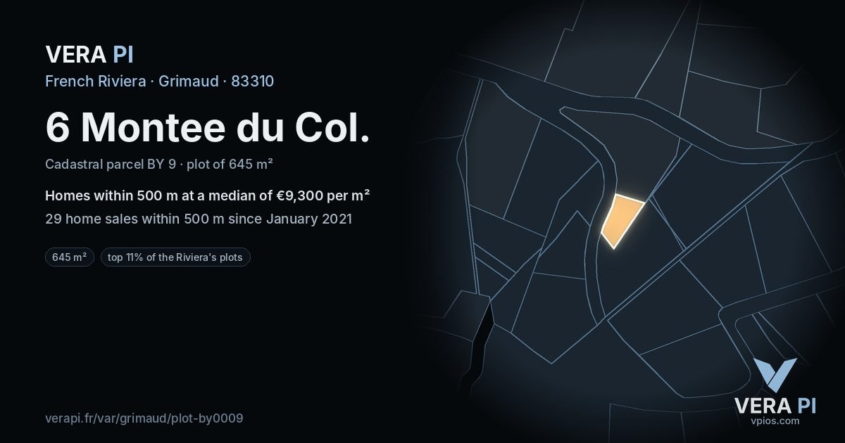 6 Montee du Col, Grimaud at night – the plot lit, the parcels around coloured by the prices near them
