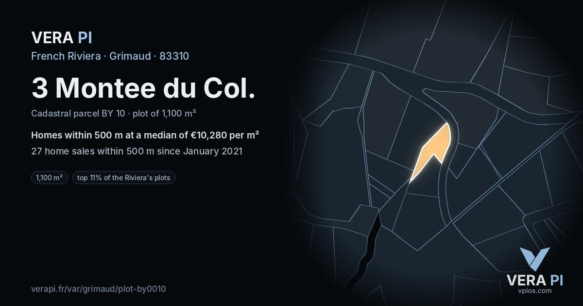 3 Montee du Col, Grimaud at night – the plot lit, the parcels around coloured by the prices near them