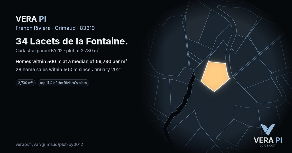 34 Lacets de la Fontaine, Grimaud at night – the plot lit, the parcels around coloured by the prices near them