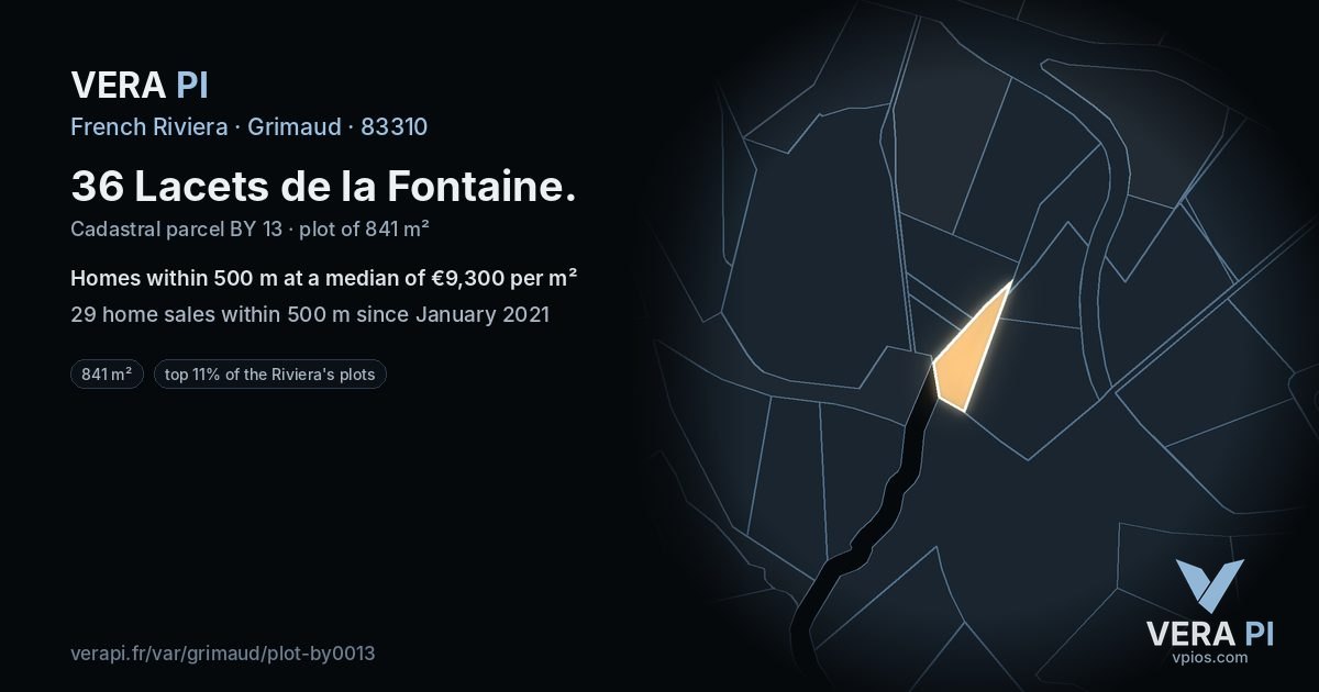 36 Lacets de la Fontaine, Grimaud at night – the plot lit, the parcels around coloured by the prices near them