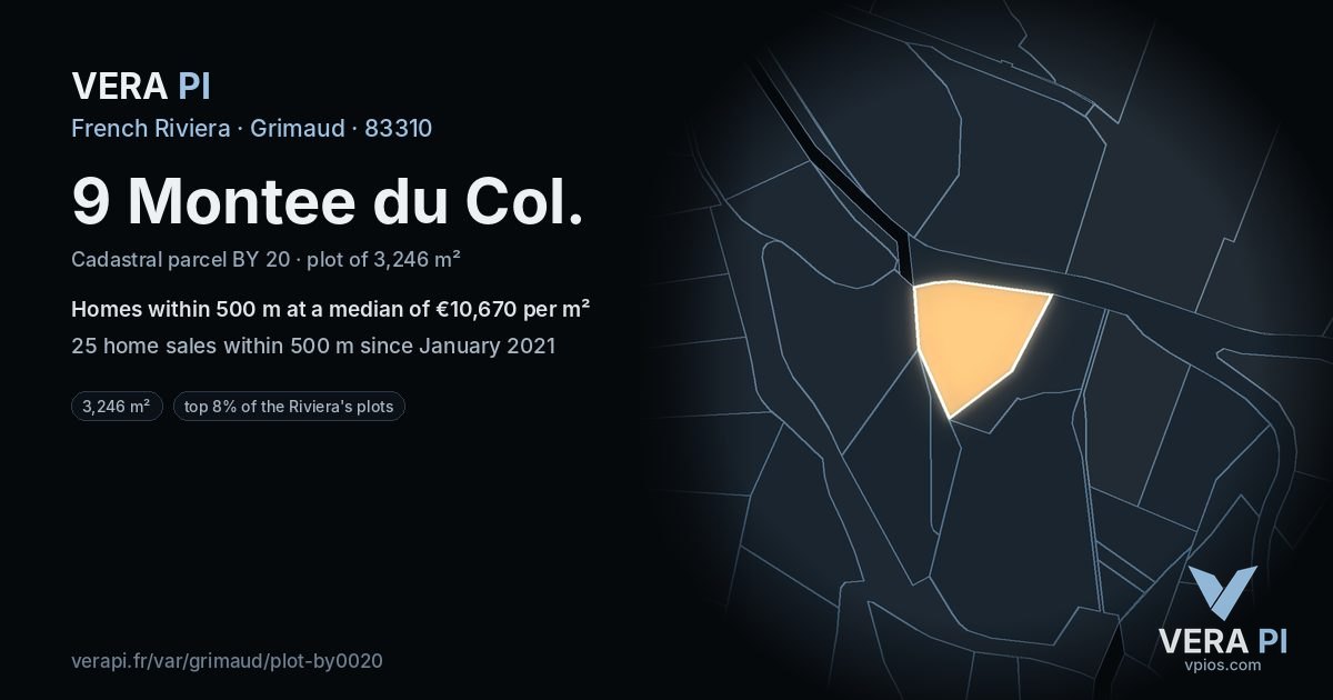 9 Montee du Col, Grimaud at night – the plot lit, the parcels around coloured by the prices near them