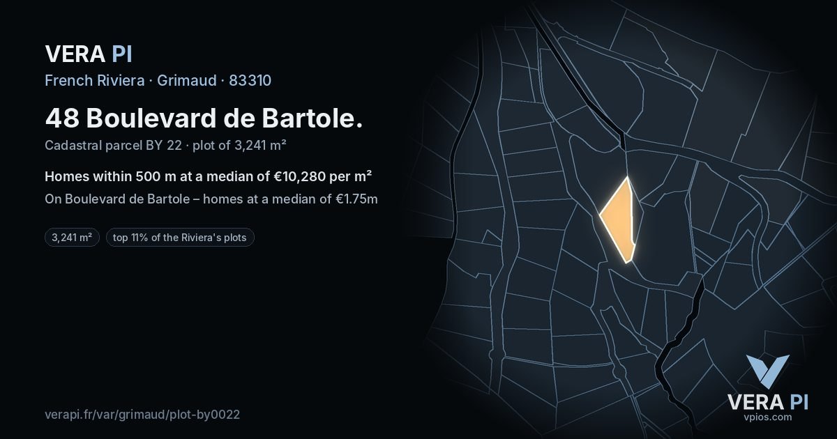 48 Boulevard de Bartole, Grimaud at night – the plot lit, the parcels around coloured by the prices near them