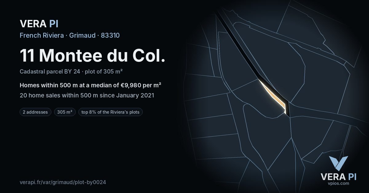11 Montee du Col, Grimaud at night – the plot lit, the parcels around coloured by the prices near them