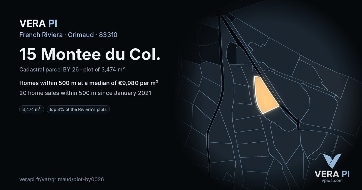 15 Montee du Col, Grimaud at night – the plot lit, the parcels around coloured by the prices near them