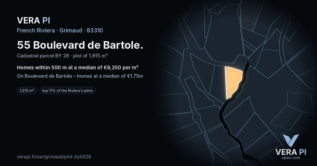 55 Boulevard de Bartole, Grimaud at night – the plot lit, the parcels around coloured by the prices near them
