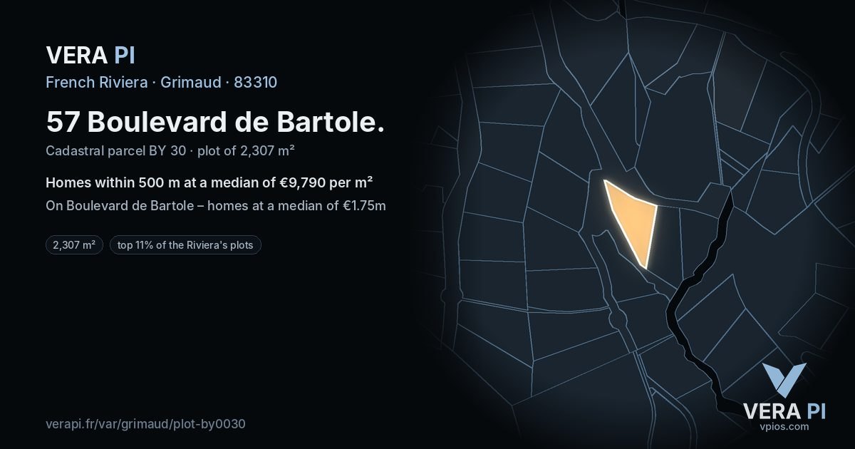 57 Boulevard de Bartole, Grimaud at night – the plot lit, the parcels around coloured by the prices near them