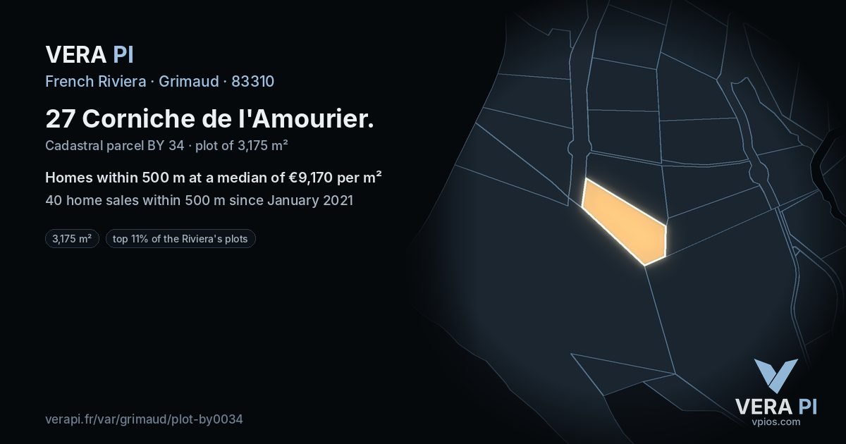 27 Corniche de l'Amourier, Grimaud at night – the plot lit, the parcels around coloured by the prices near them