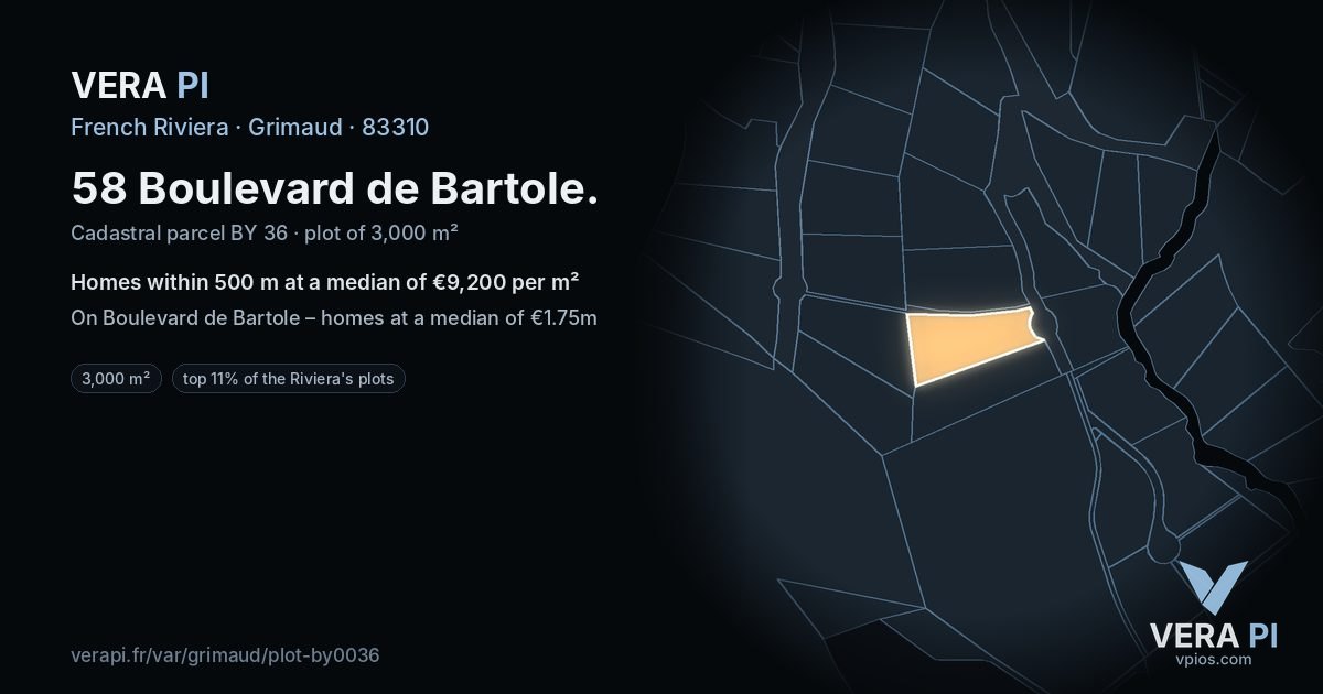 58 Boulevard de Bartole, Grimaud at night – the plot lit, the parcels around coloured by the prices near them