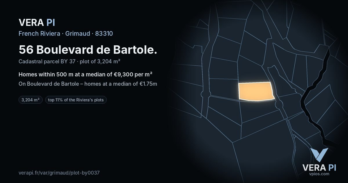 56 Boulevard de Bartole, Grimaud at night – the plot lit, the parcels around coloured by the prices near them