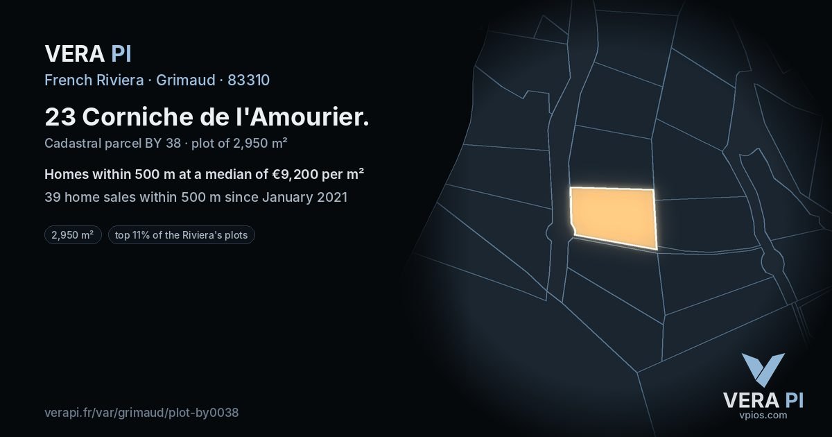 23 Corniche de l'Amourier, Grimaud at night – the plot lit, the parcels around coloured by the prices near them