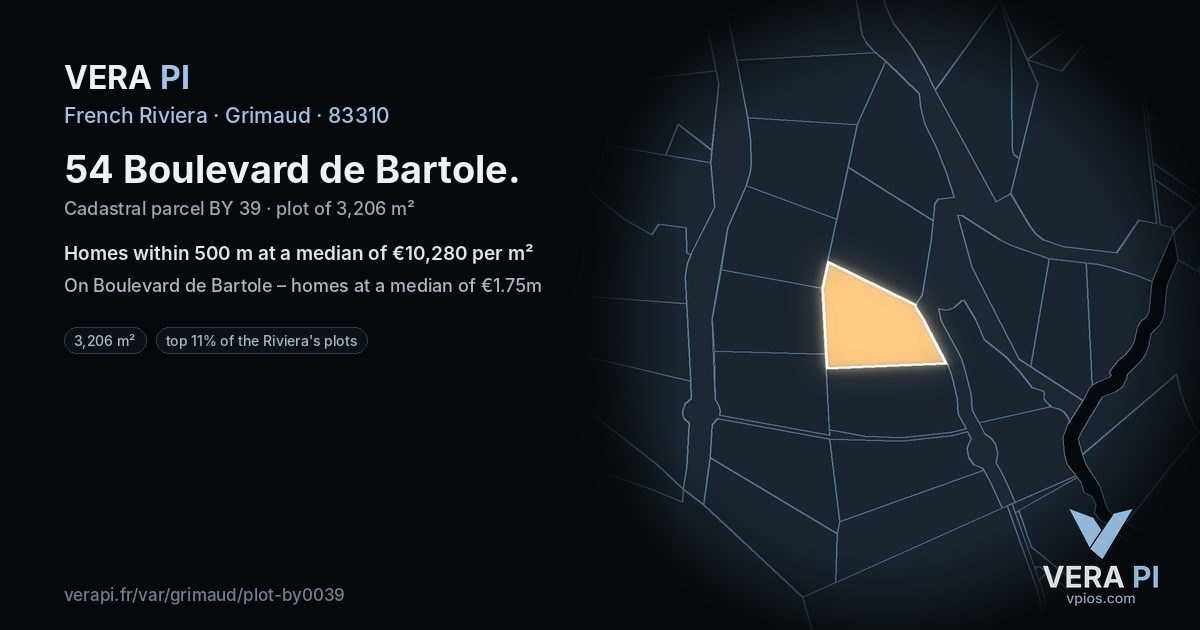 54 Boulevard de Bartole, Grimaud at night – the plot lit, the parcels around coloured by the prices near them