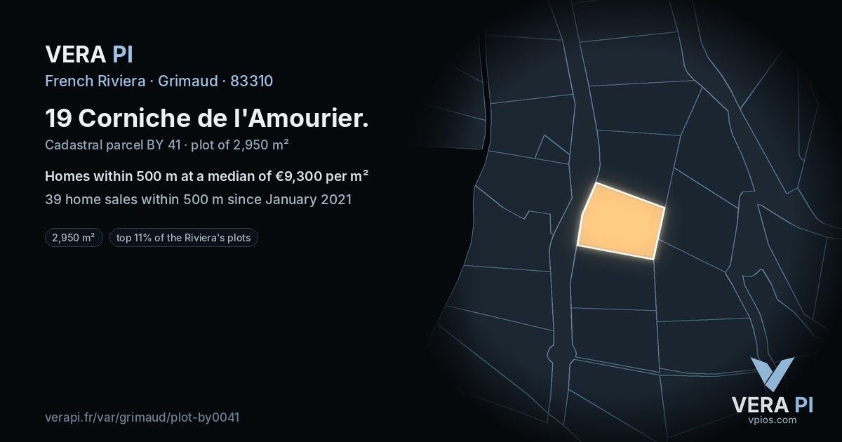 19 Corniche de l'Amourier, Grimaud at night – the plot lit, the parcels around coloured by the prices near them