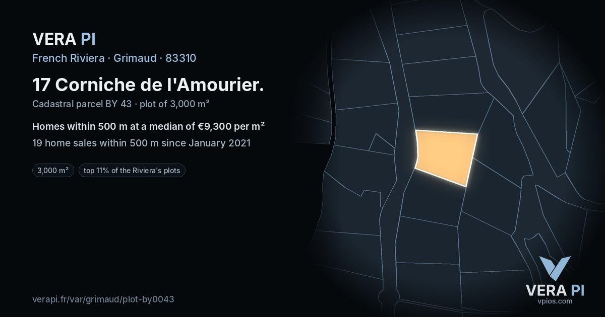 17 Corniche de l'Amourier, Grimaud at night – the plot lit, the parcels around coloured by the prices near them