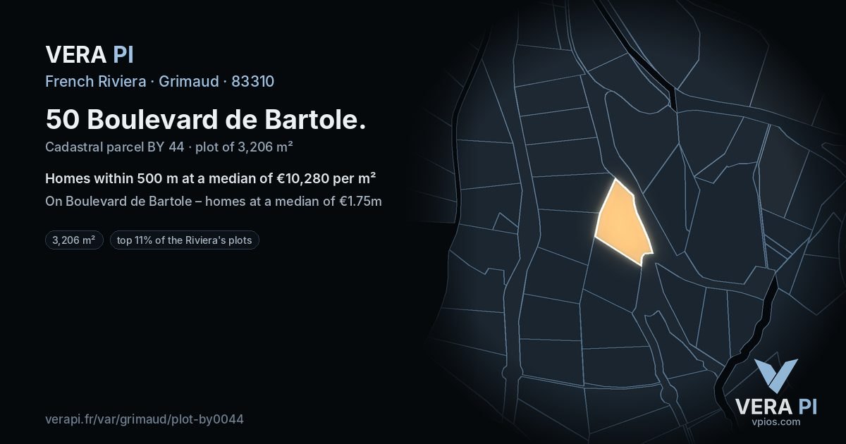 50 Boulevard de Bartole, Grimaud at night – the plot lit, the parcels around coloured by the prices near them
