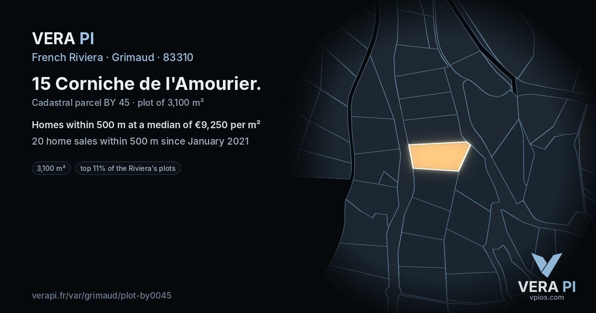 15 Corniche de l'Amourier, Grimaud at night – the plot lit, the parcels around coloured by the prices near them