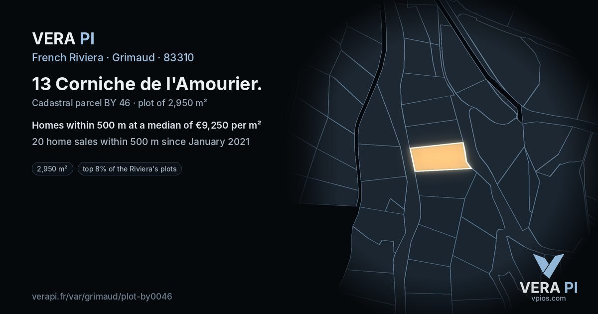 13 Corniche de l'Amourier, Grimaud at night – the plot lit, the parcels around coloured by the prices near them