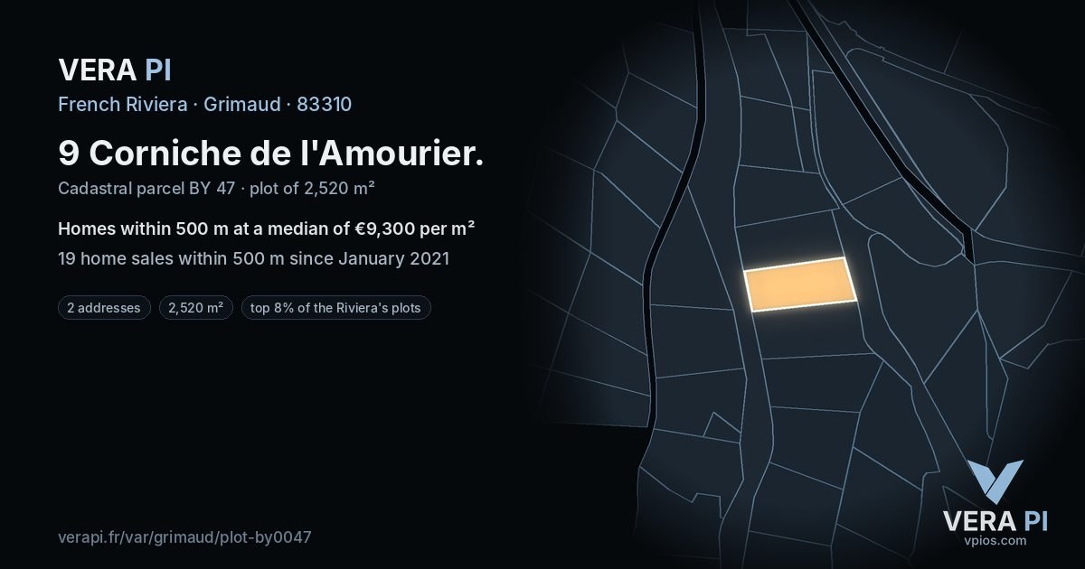 9 Corniche de l'Amourier, Grimaud at night – the plot lit, the parcels around coloured by the prices near them