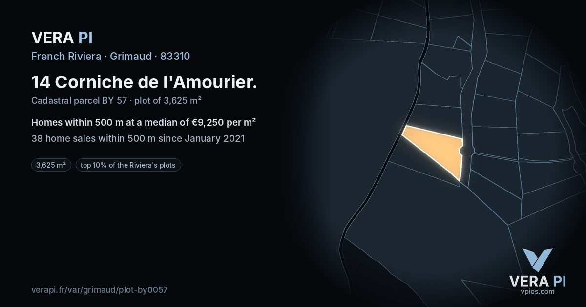 14 Corniche de l'Amourier, Grimaud at night – the plot lit, the parcels around coloured by the prices near them