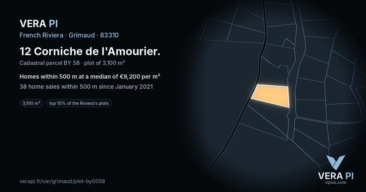 12 Corniche de l'Amourier, Grimaud at night – the plot lit, the parcels around coloured by the prices near them