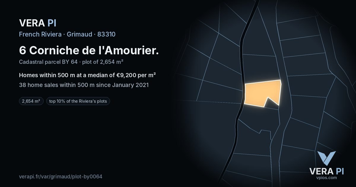 6 Corniche de l'Amourier, Grimaud at night – the plot lit, the parcels around coloured by the prices near them