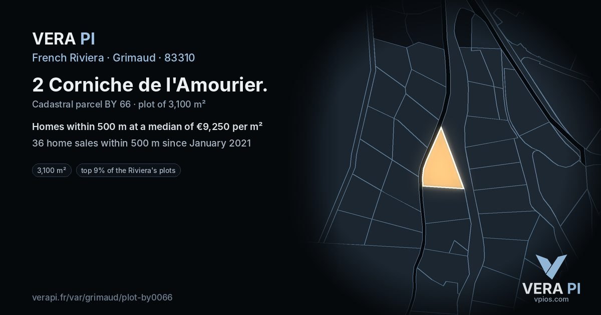 2 Corniche de l'Amourier, Grimaud at night – the plot lit, the parcels around coloured by the prices near them