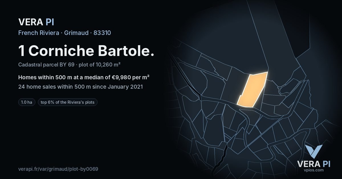 1 Corniche Bartole, Grimaud at night – the plot lit, the parcels around coloured by the prices near them