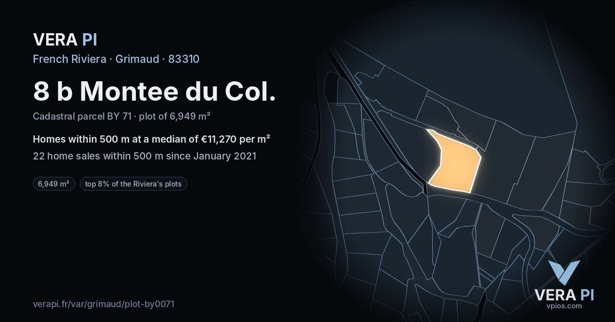 8 b Montee du Col, Grimaud at night – the plot lit, the parcels around coloured by the prices near them