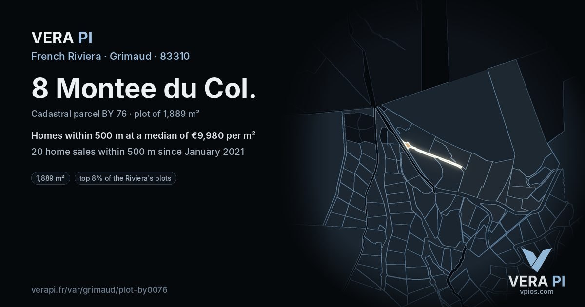 8 Montee du Col, Grimaud at night – the plot lit, the parcels around coloured by the prices near them