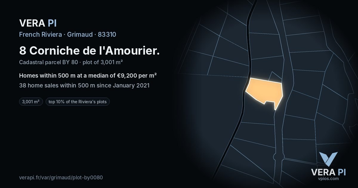 8 Corniche de l'Amourier, Grimaud at night – the plot lit, the parcels around coloured by the prices near them