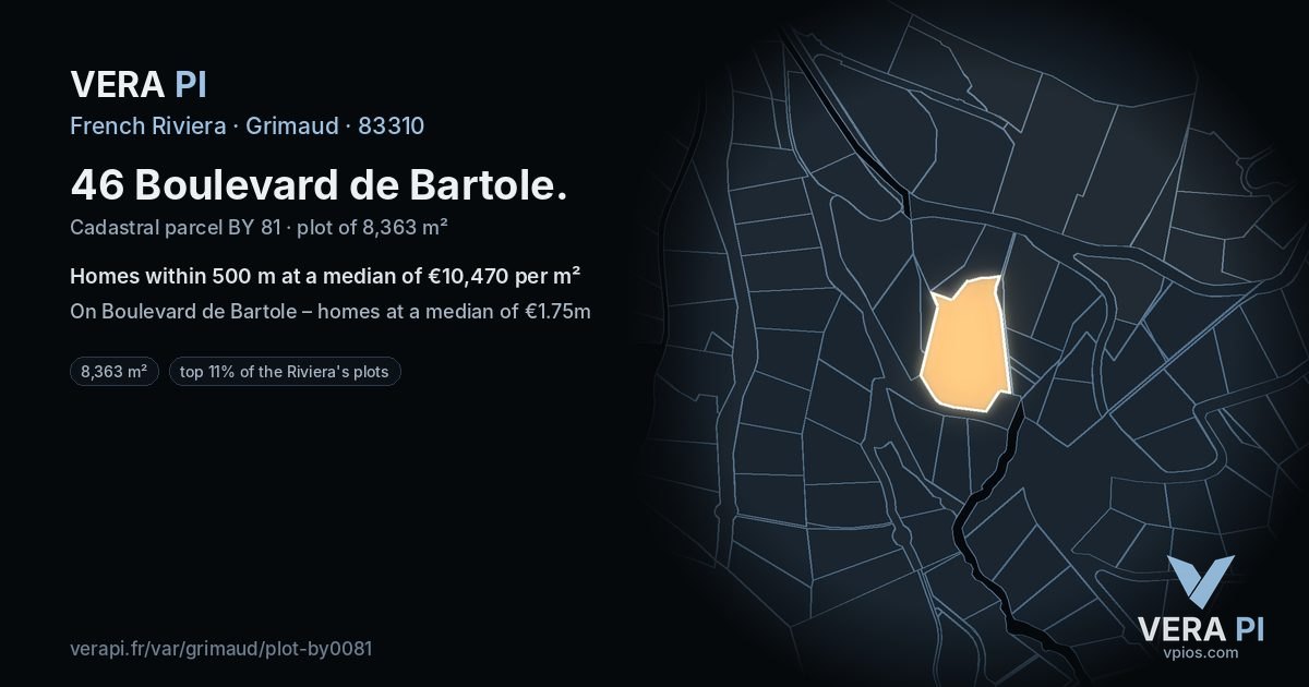 46 Boulevard de Bartole, Grimaud at night – the plot lit, the parcels around coloured by the prices near them