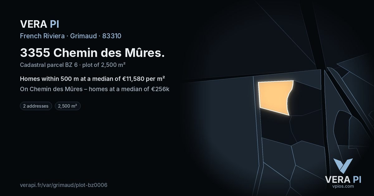 3355 Chemin des Mûres, Grimaud at night – the plot lit, the parcels around coloured by the prices near them