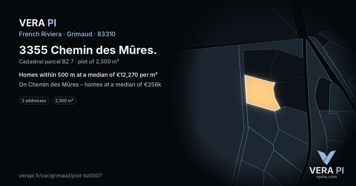 3355 Chemin des Mûres, Grimaud at night – the plot lit, the parcels around coloured by the prices near them