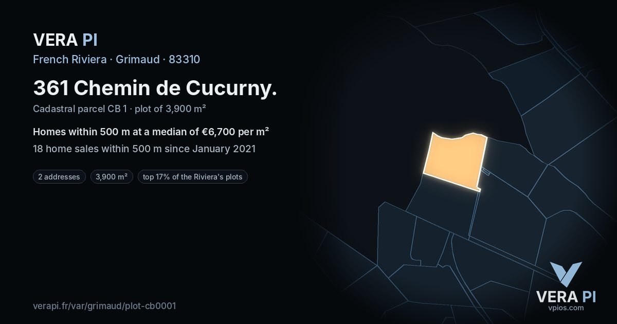 361 Chemin de Cucurny, Grimaud at night – the plot lit, the parcels around coloured by the prices near them
