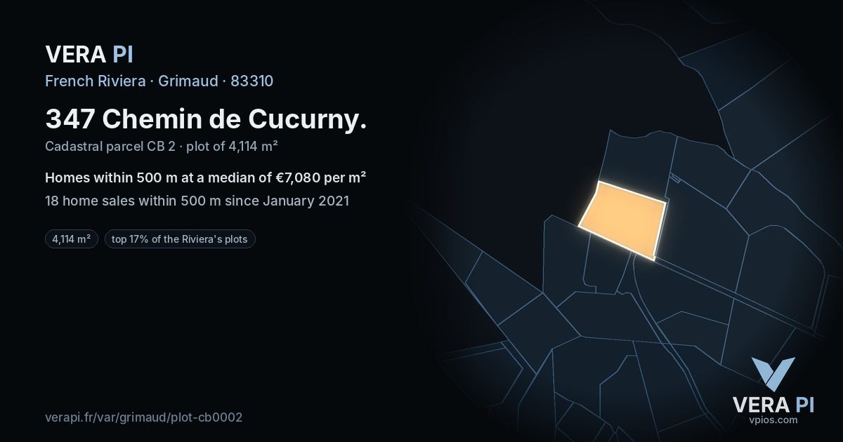 347 Chemin de Cucurny, Grimaud at night – the plot lit, the parcels around coloured by the prices near them