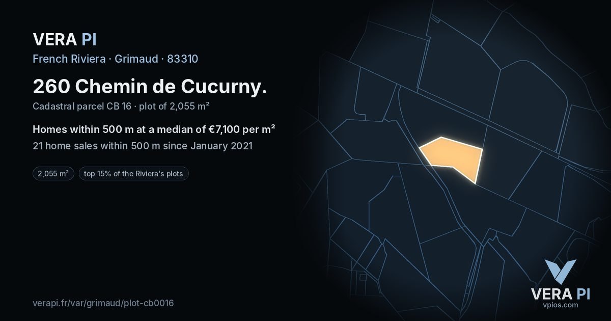 260 Chemin de Cucurny, Grimaud at night – the plot lit, the parcels around coloured by the prices near them