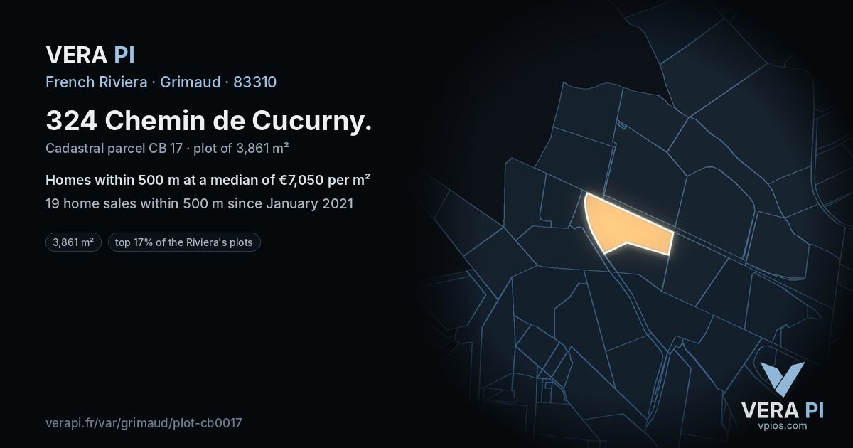 324 Chemin de Cucurny, Grimaud at night – the plot lit, the parcels around coloured by the prices near them