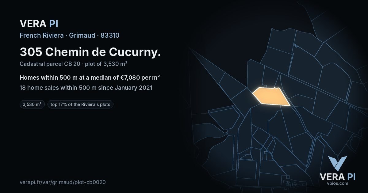 305 Chemin de Cucurny, Grimaud at night – the plot lit, the parcels around coloured by the prices near them