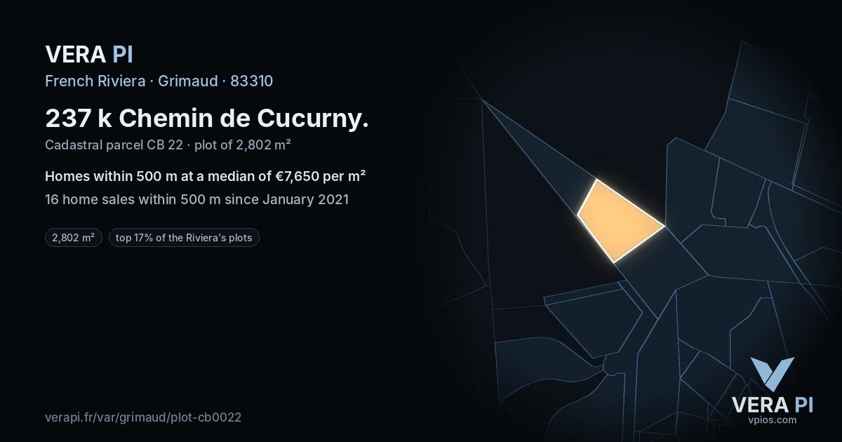 237 k Chemin de Cucurny, Grimaud at night – the plot lit, the parcels around coloured by the prices near them