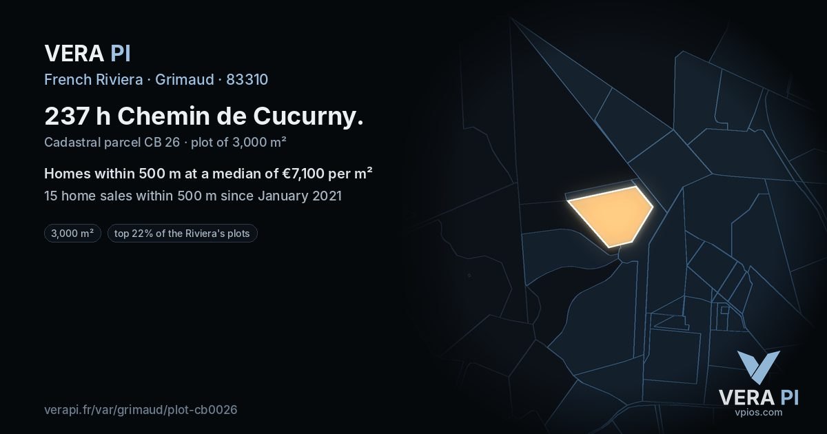 237 h Chemin de Cucurny, Grimaud at night – the plot lit, the parcels around coloured by the prices near them