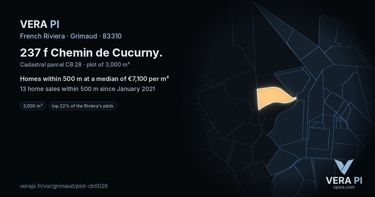 237 f Chemin de Cucurny, Grimaud at night – the plot lit, the parcels around coloured by the prices near them