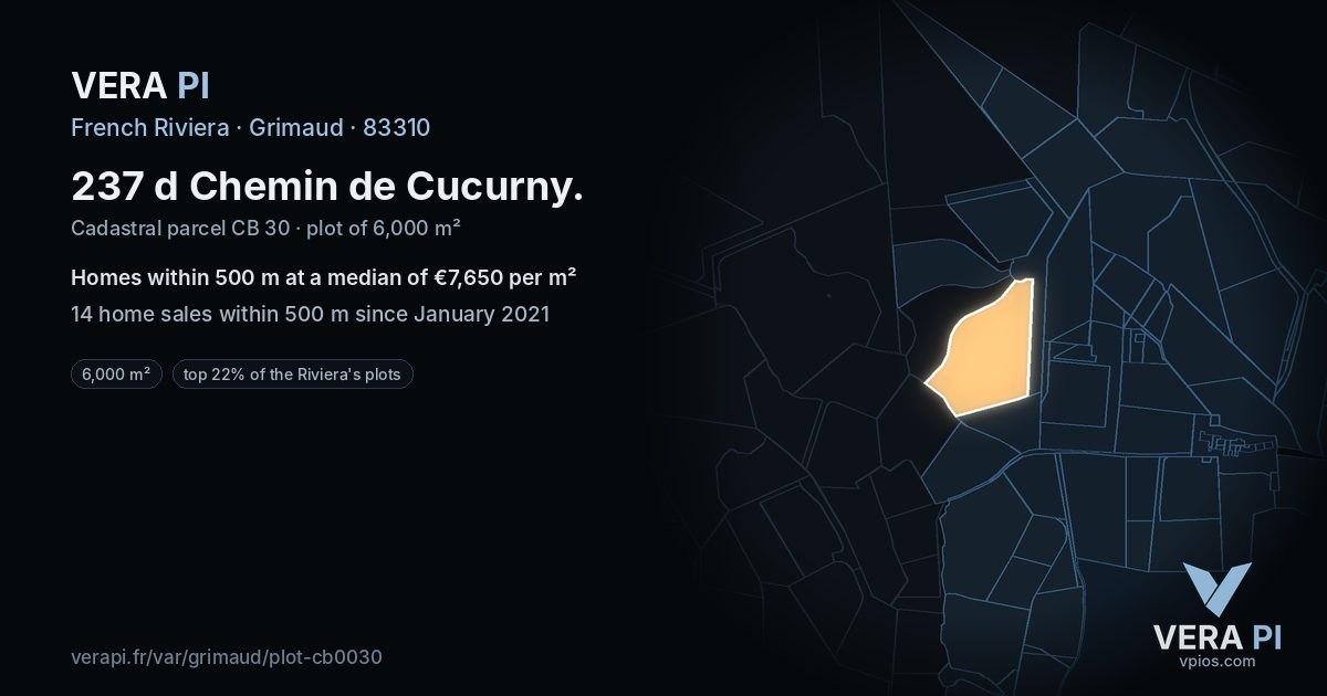 237 d Chemin de Cucurny, Grimaud at night – the plot lit, the parcels around coloured by the prices near them