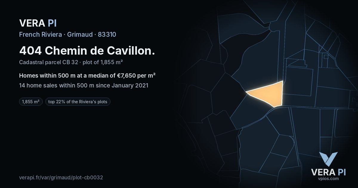 404 Chemin de Cavillon, Grimaud at night – the plot lit, the parcels around coloured by the prices near them