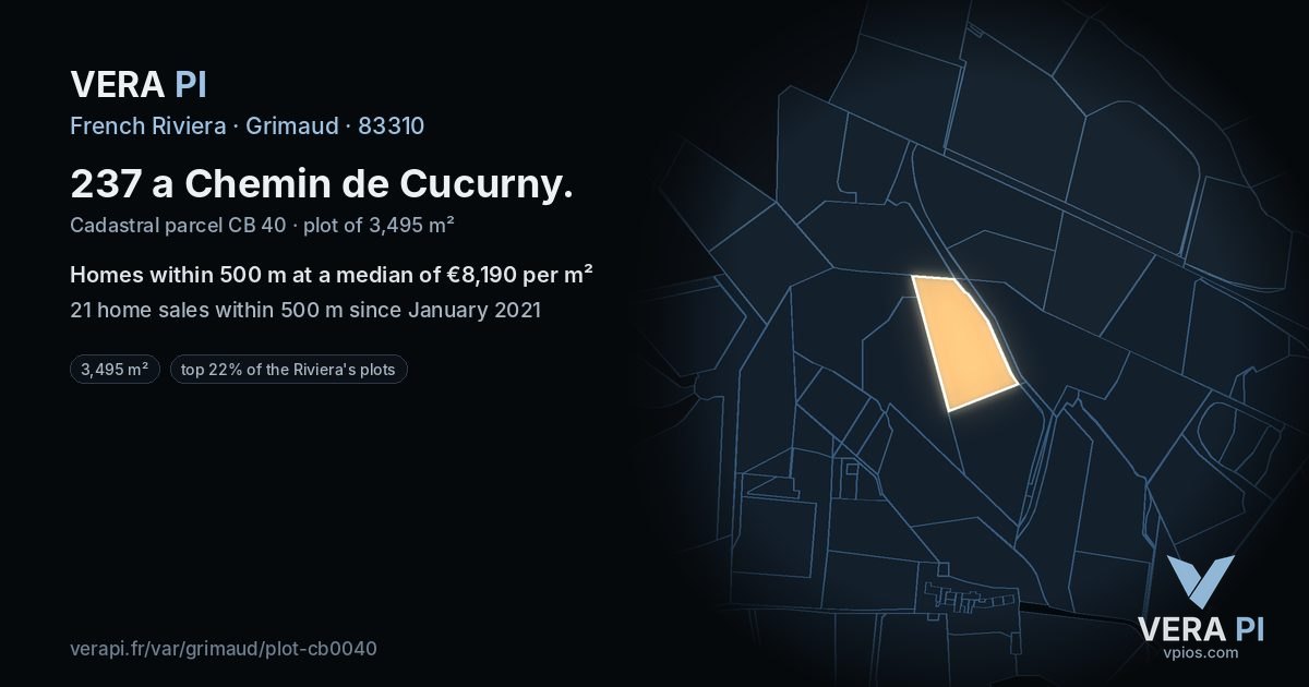 237 a Chemin de Cucurny, Grimaud at night – the plot lit, the parcels around coloured by the prices near them