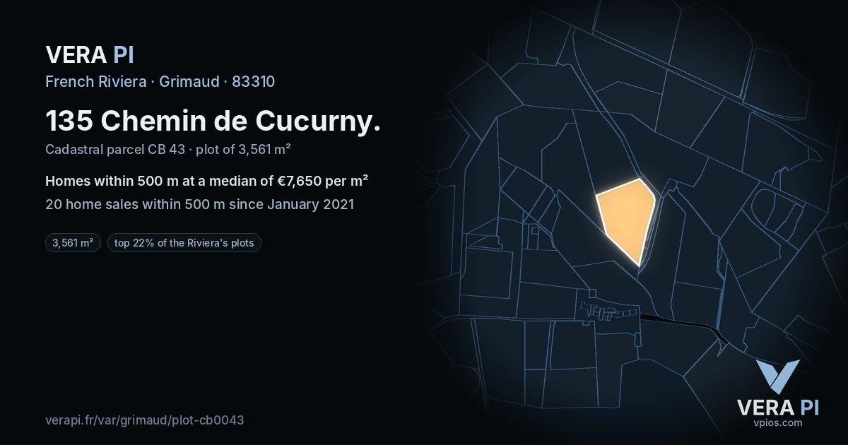 135 Chemin de Cucurny, Grimaud at night – the plot lit, the parcels around coloured by the prices near them