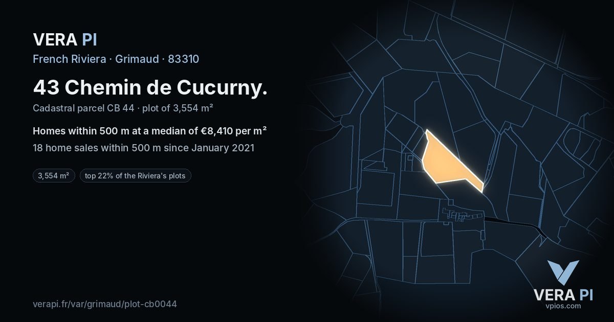 43 Chemin de Cucurny, Grimaud at night – the plot lit, the parcels around coloured by the prices near them
