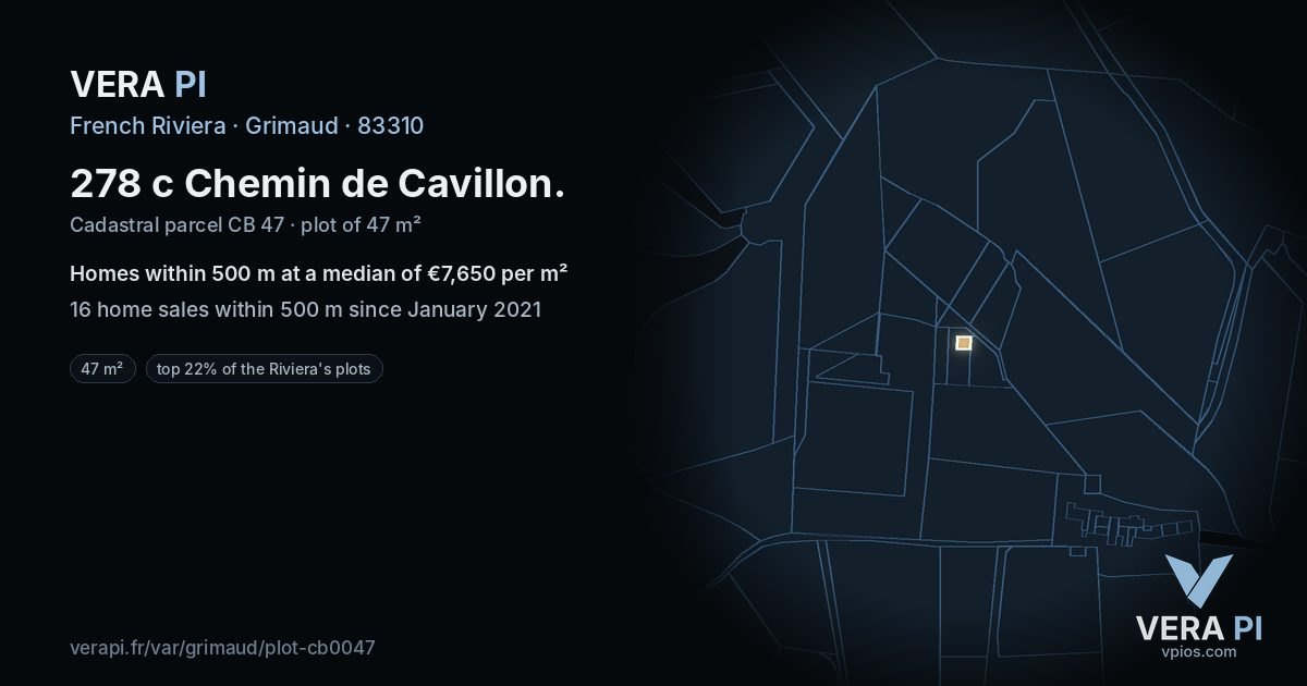 278 c Chemin de Cavillon, Grimaud at night – the plot lit, the parcels around coloured by the prices near them