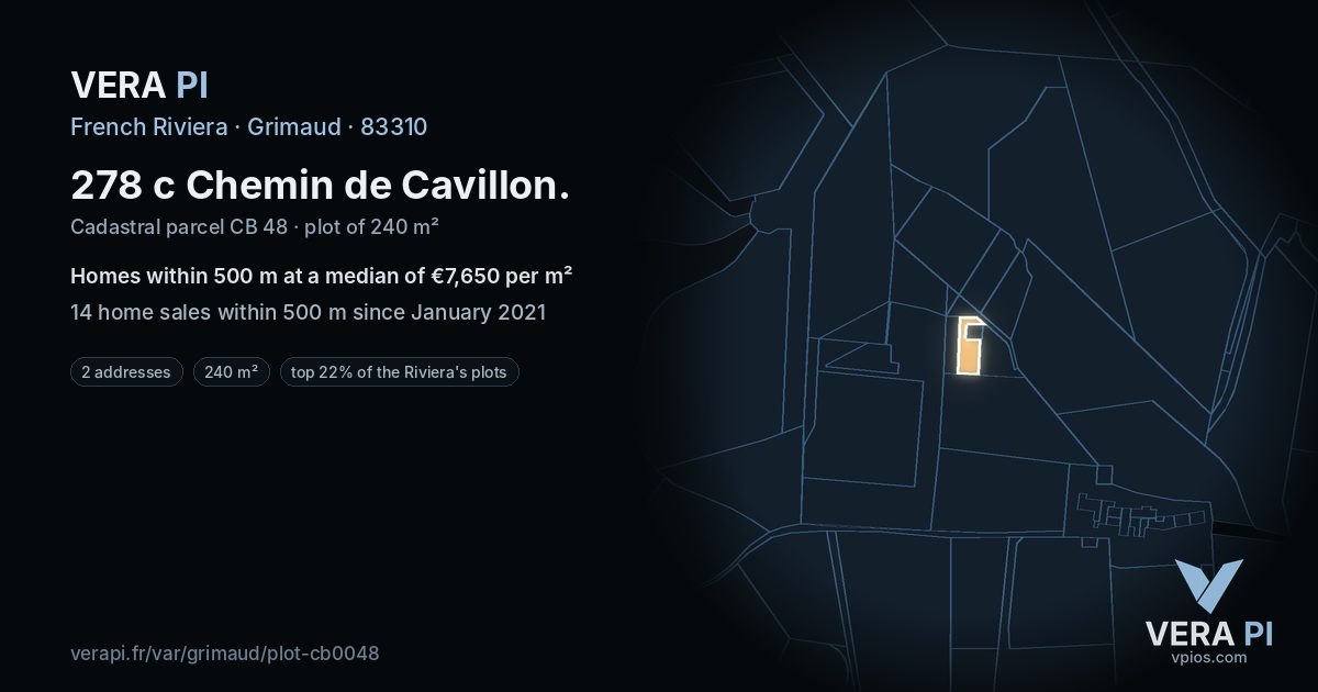 278 c Chemin de Cavillon, Grimaud at night – the plot lit, the parcels around coloured by the prices near them