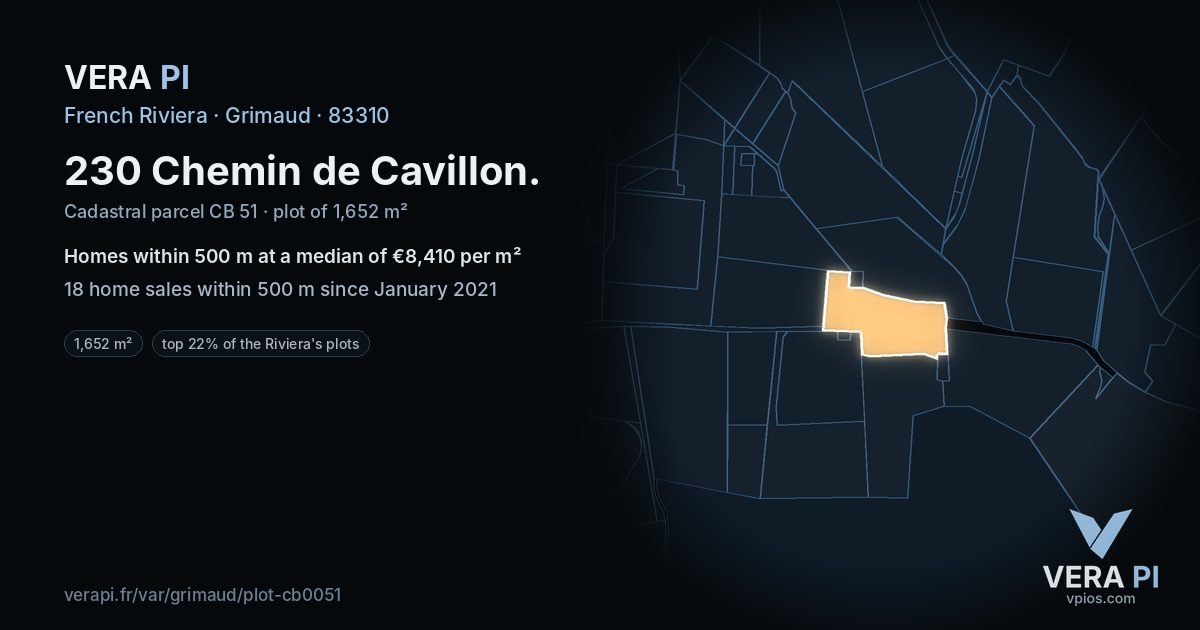 230 Chemin de Cavillon, Grimaud at night – the plot lit, the parcels around coloured by the prices near them