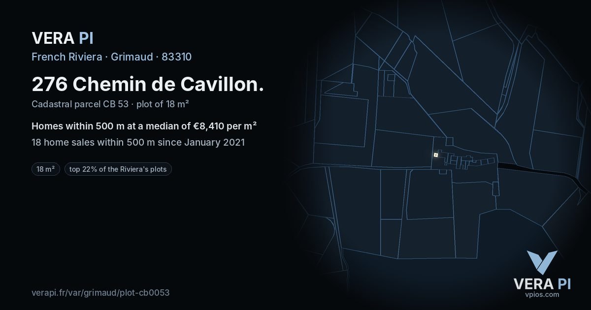276 Chemin de Cavillon, Grimaud at night – the plot lit, the parcels around coloured by the prices near them