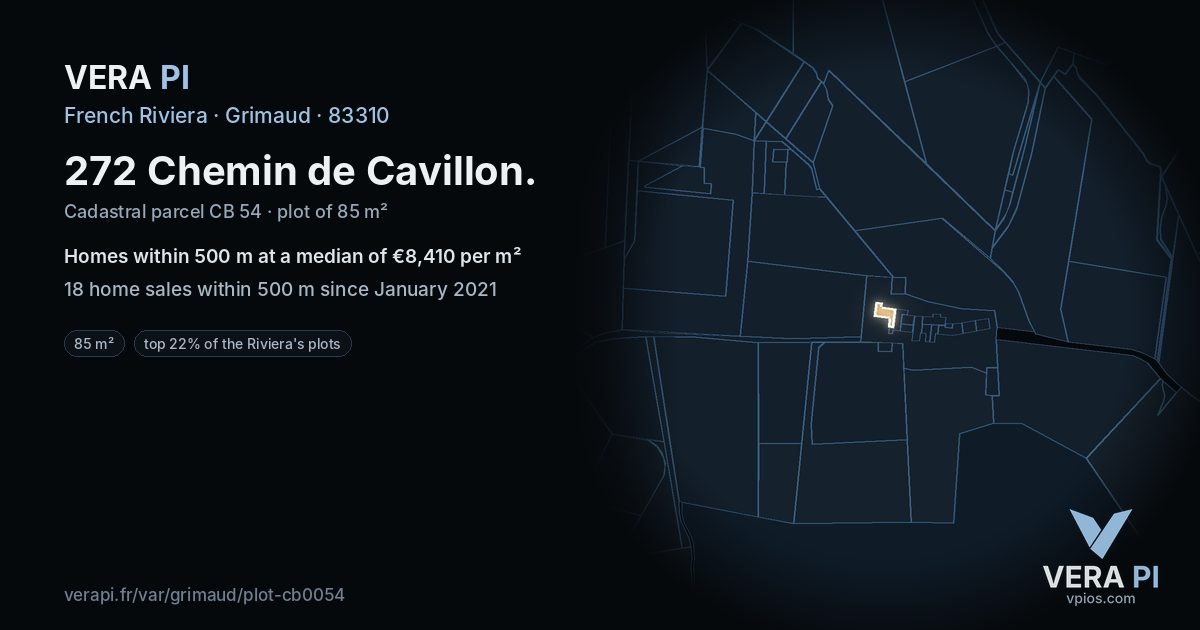 272 Chemin de Cavillon, Grimaud at night – the plot lit, the parcels around coloured by the prices near them